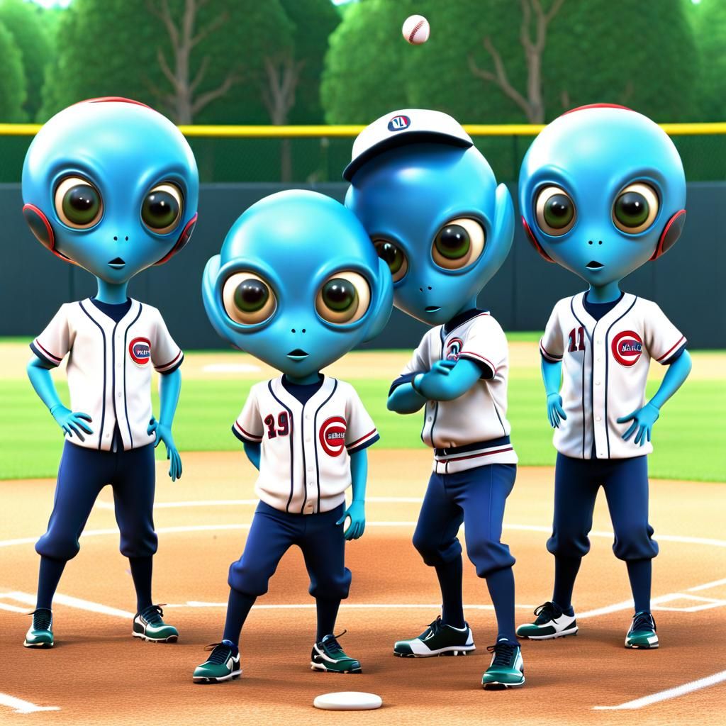 3d large eyed-alien team playing baseball at an outdoor simp...
