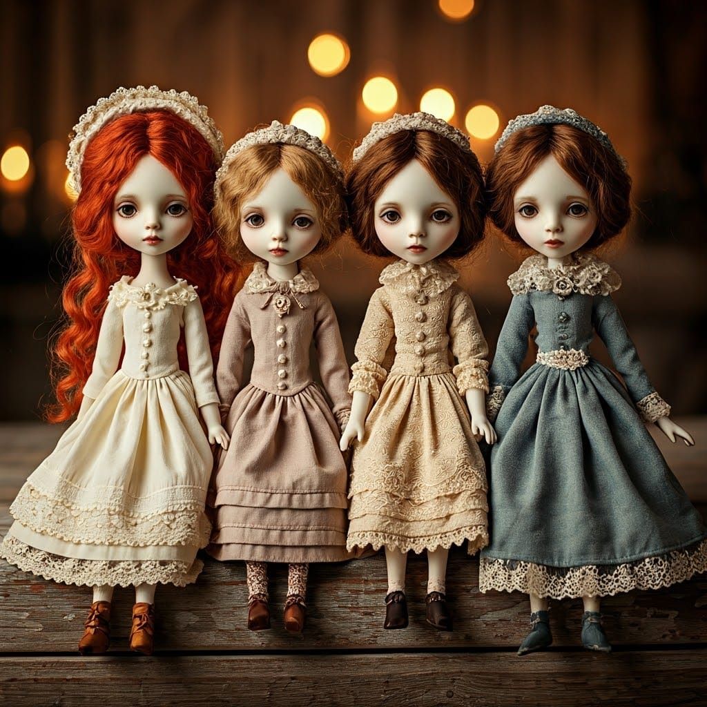Victorian Dolls on Bench in Pop-Surrealist Style
