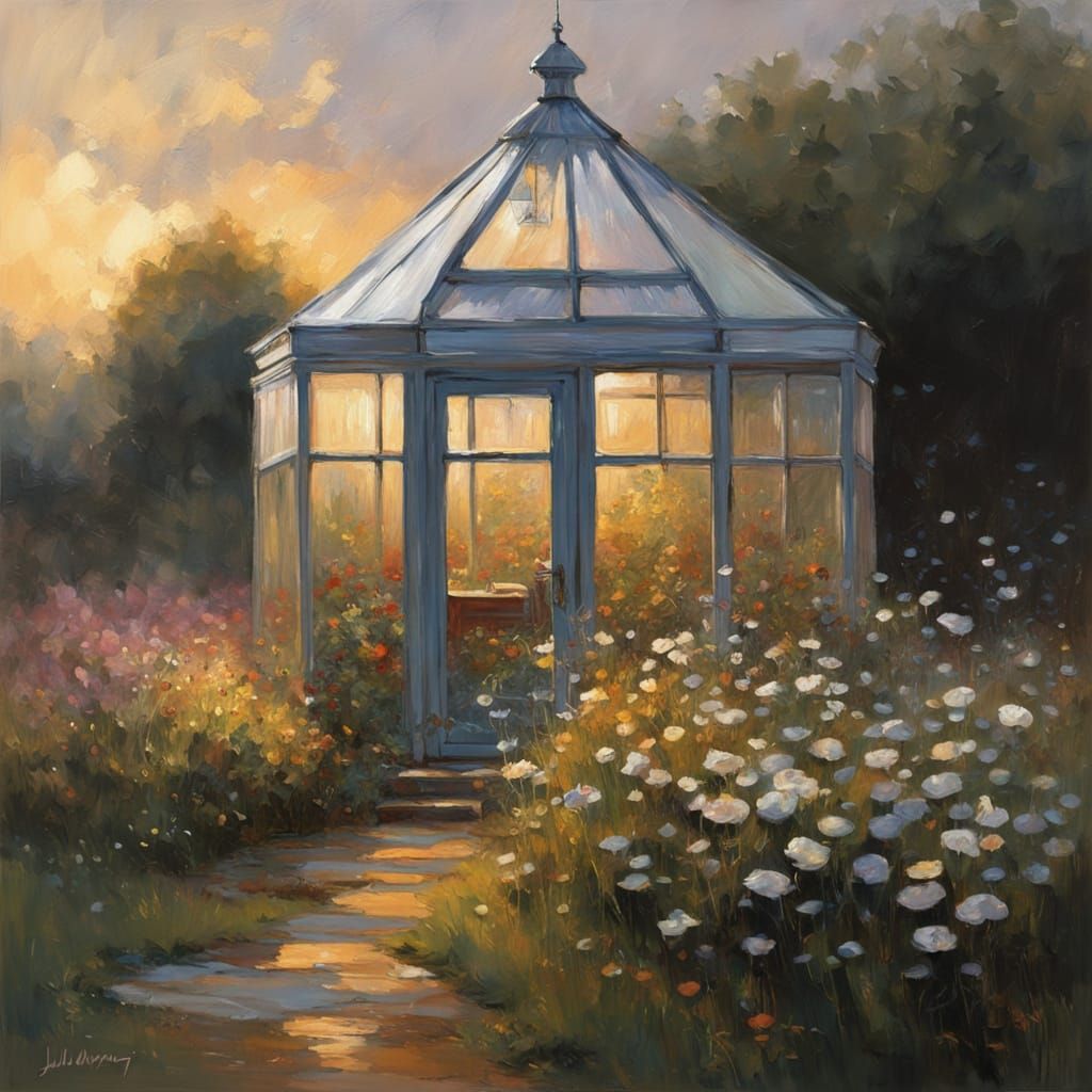A small glass greenhouse in the middle of a flower meadow, filled with soft cushions, books, and lanterns glowing warmly as rain gently taps...