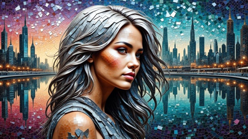 Cyberpunk Girl Amidst Dystopian Cityscape in Ceramic Mosaic
