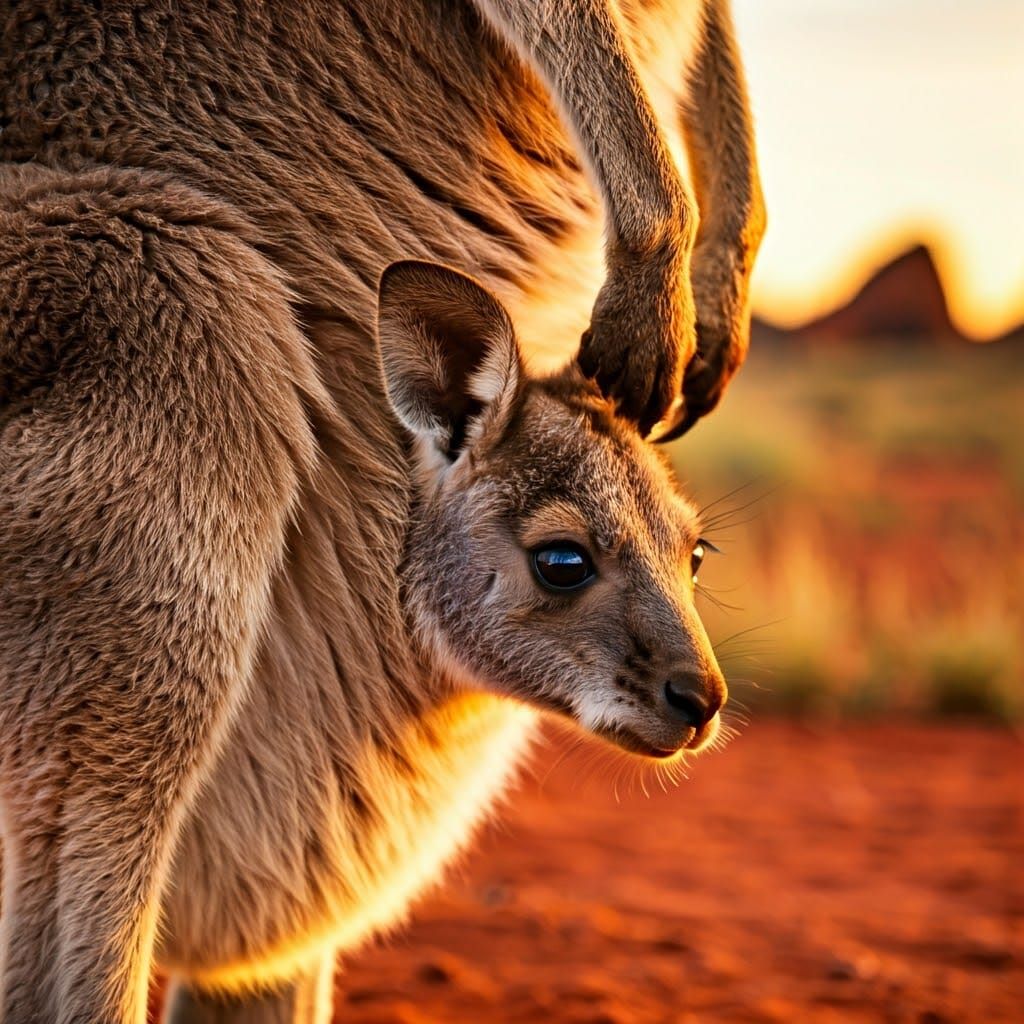 Mother Kangaroo and Joey in Australian Sunset Landscape