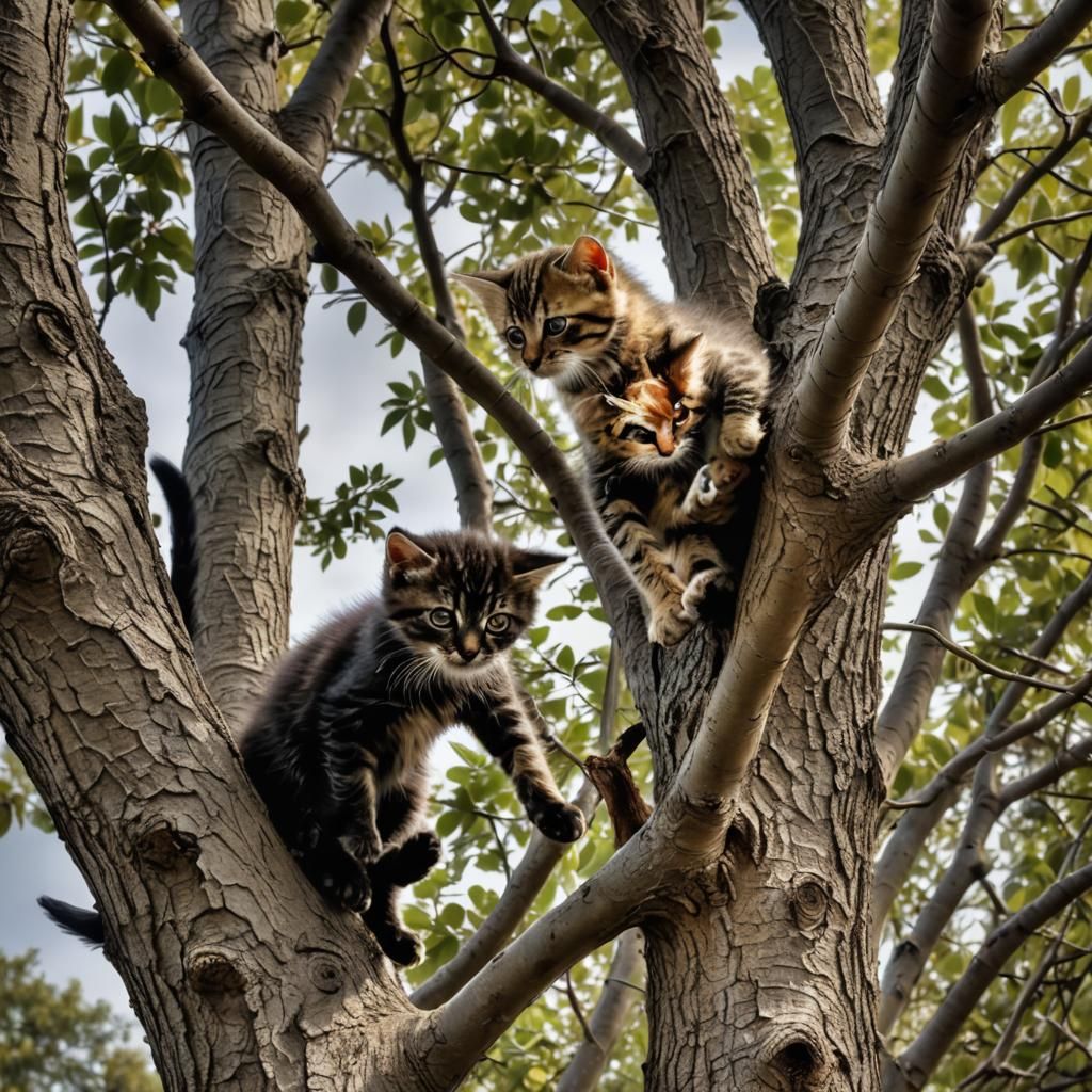 Kittens climbing up a tree chasing a Bird.