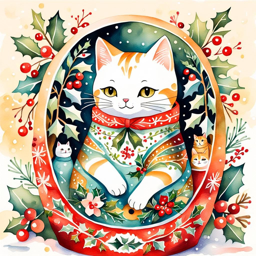christmas Matryoshka-cat, watercolor sketch