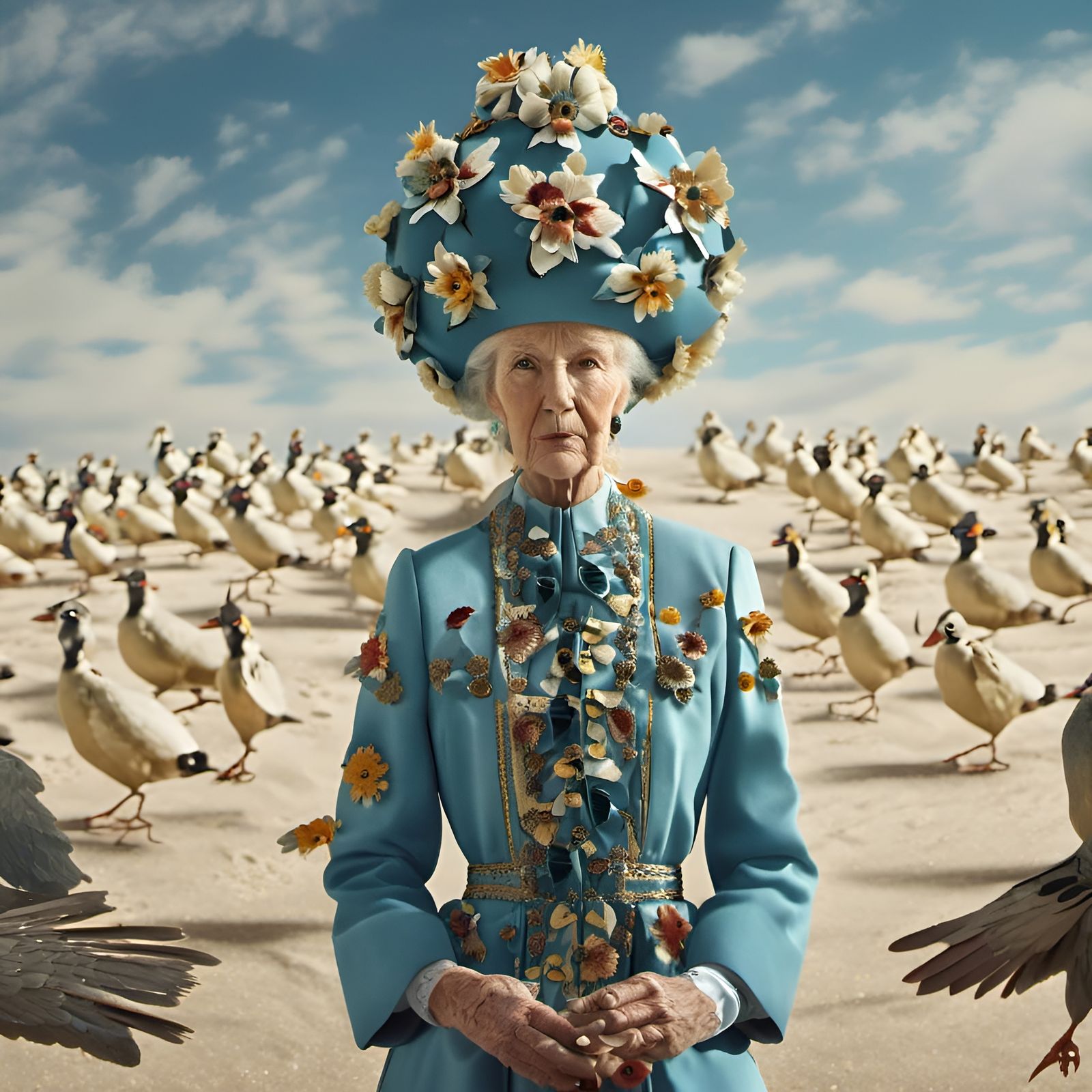 An (((old woman))) dressed in a vintage style, with a clear ...