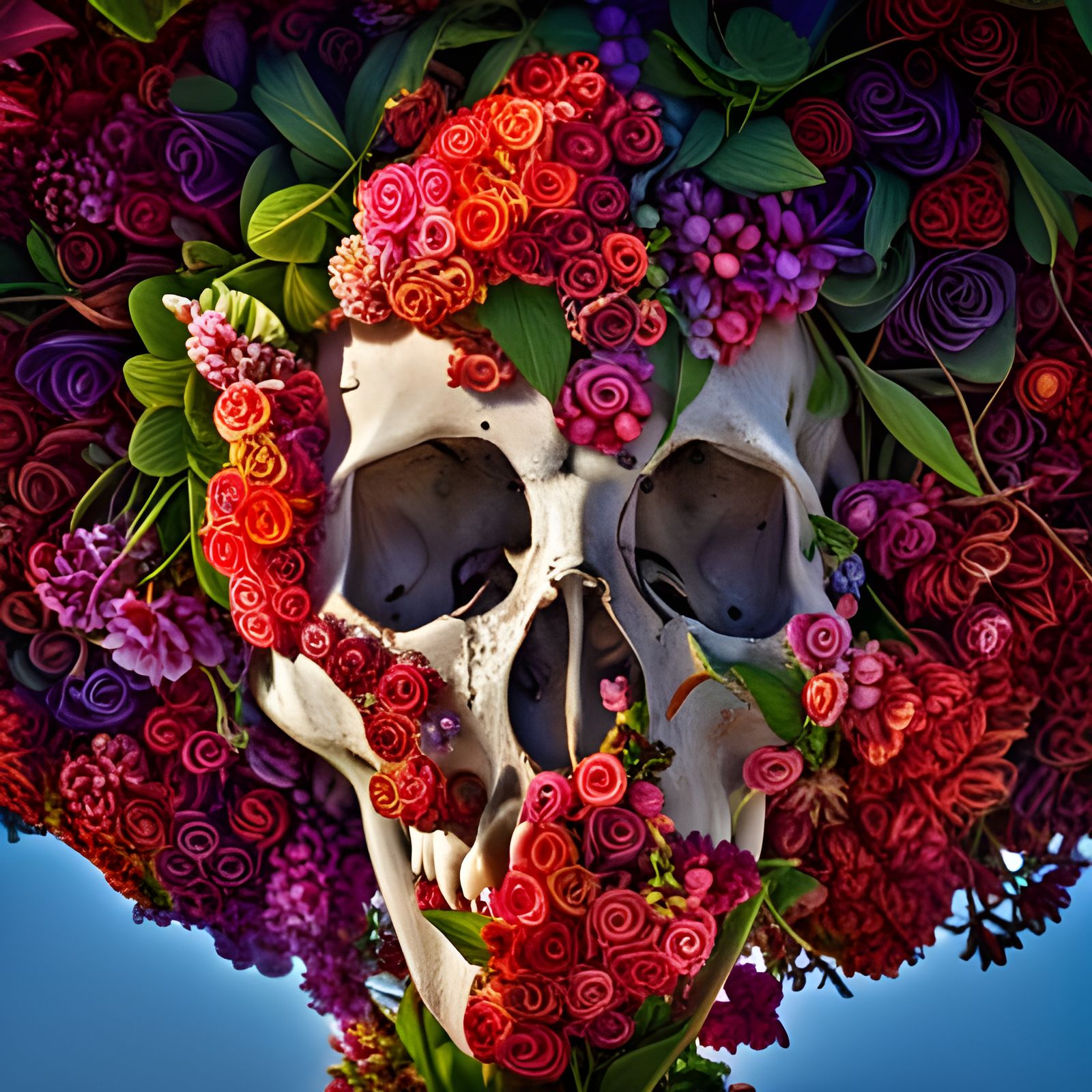 A skull overgrown with vines and flowers, Amazingly colorful hyperdetailed Close up portrait, blue sky ambient light, Ni...