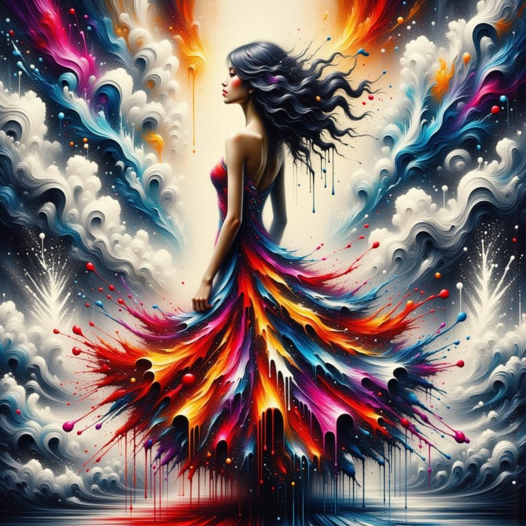 Vibrant Splatter Painting of a Woman in a Hurricane