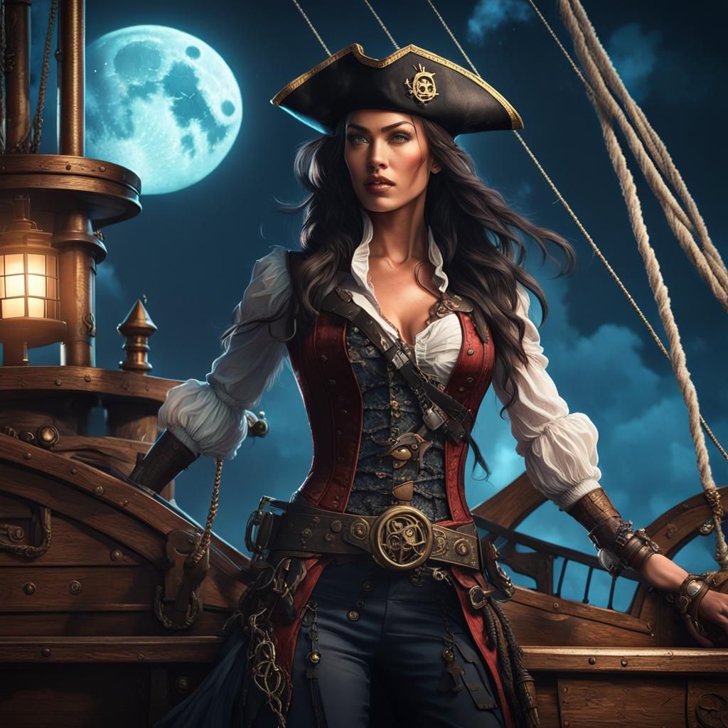 A close-up shot of stunning Megan Fox wearing a steampunk pirate outfit ...