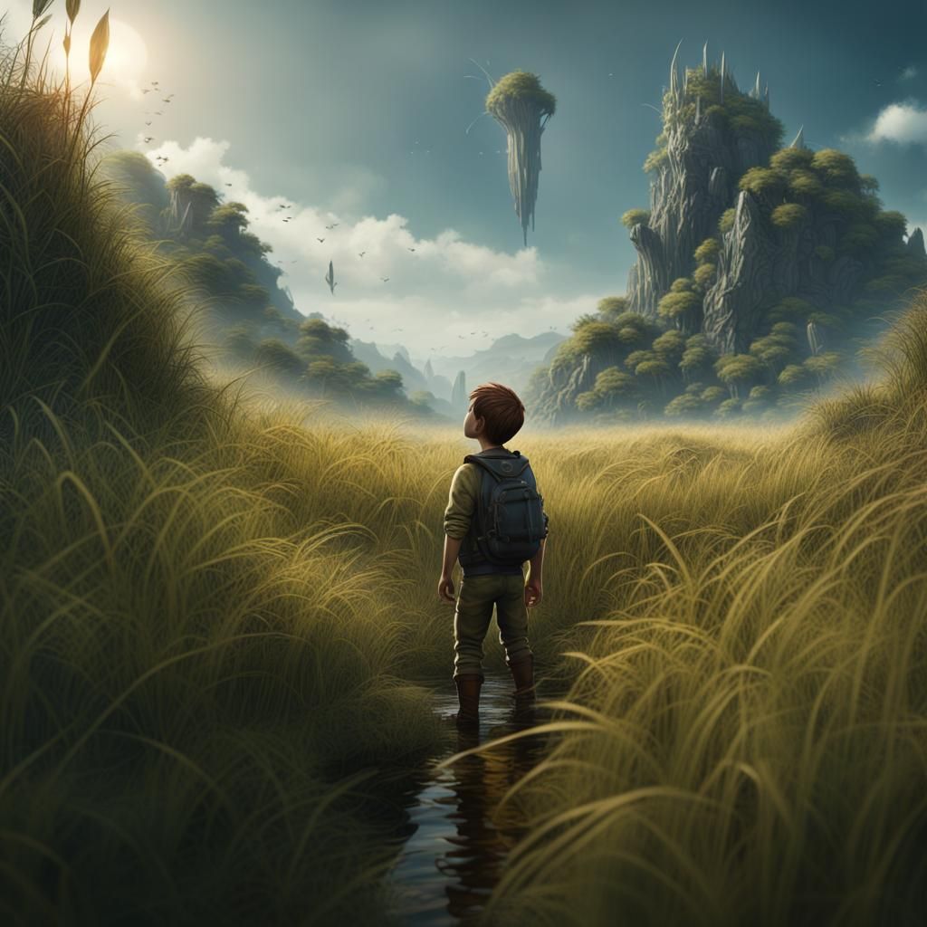 a little man in tall grass looking up at the big world