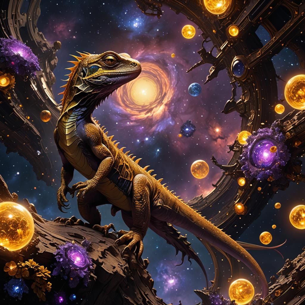 lizard scrutinizing deep space, black holes, galaxy clusters...