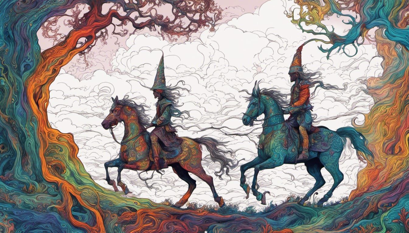 psychedelic wood elves riding psychedelic horses across a ps...