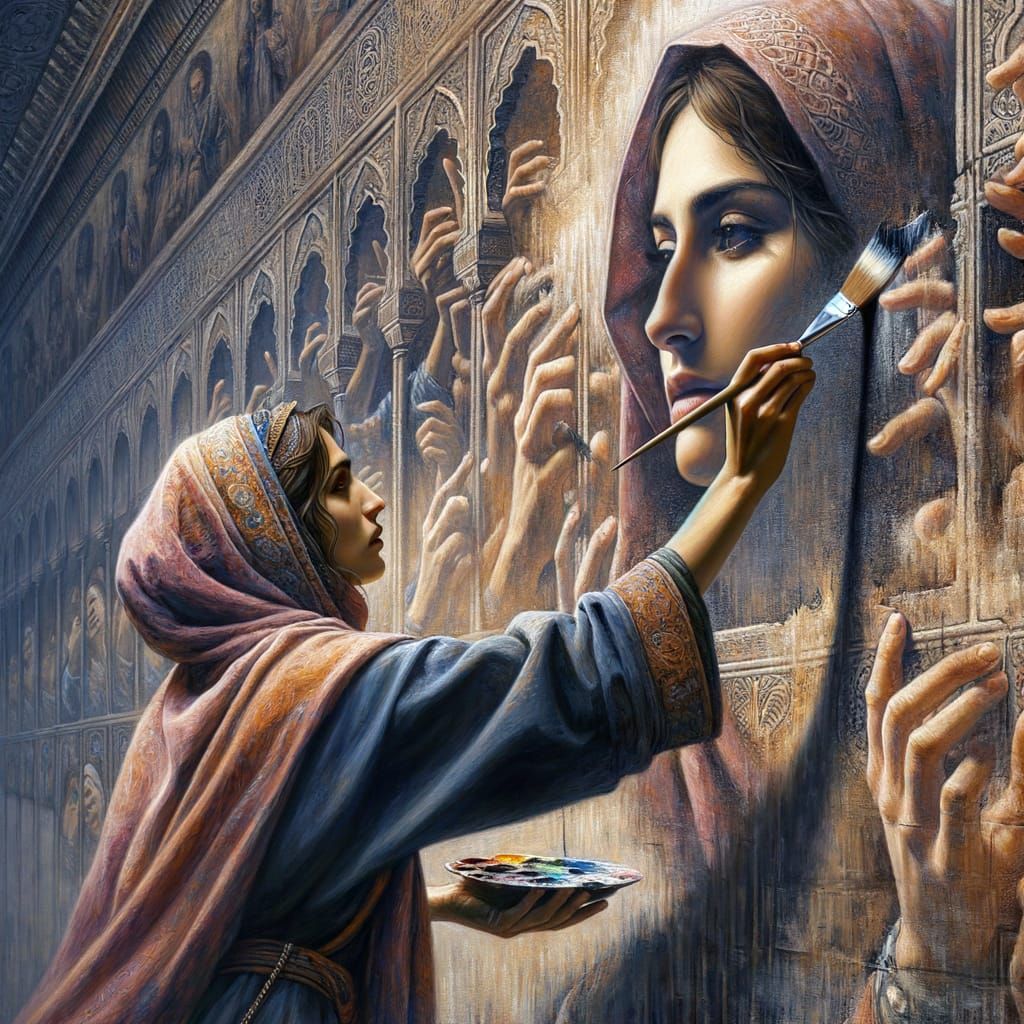 shows a South Asian woman painting a mural on a wall