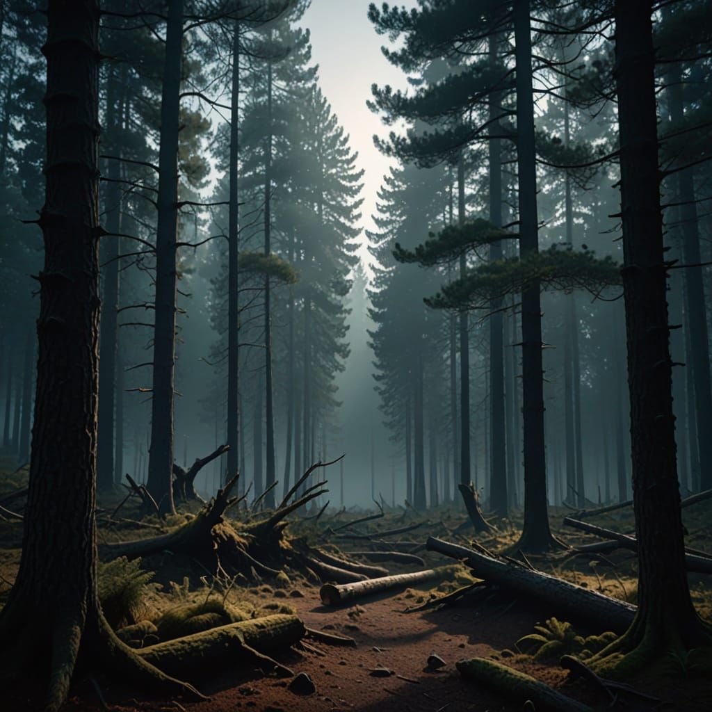 A mist is following the ground in a dark pine forest.
