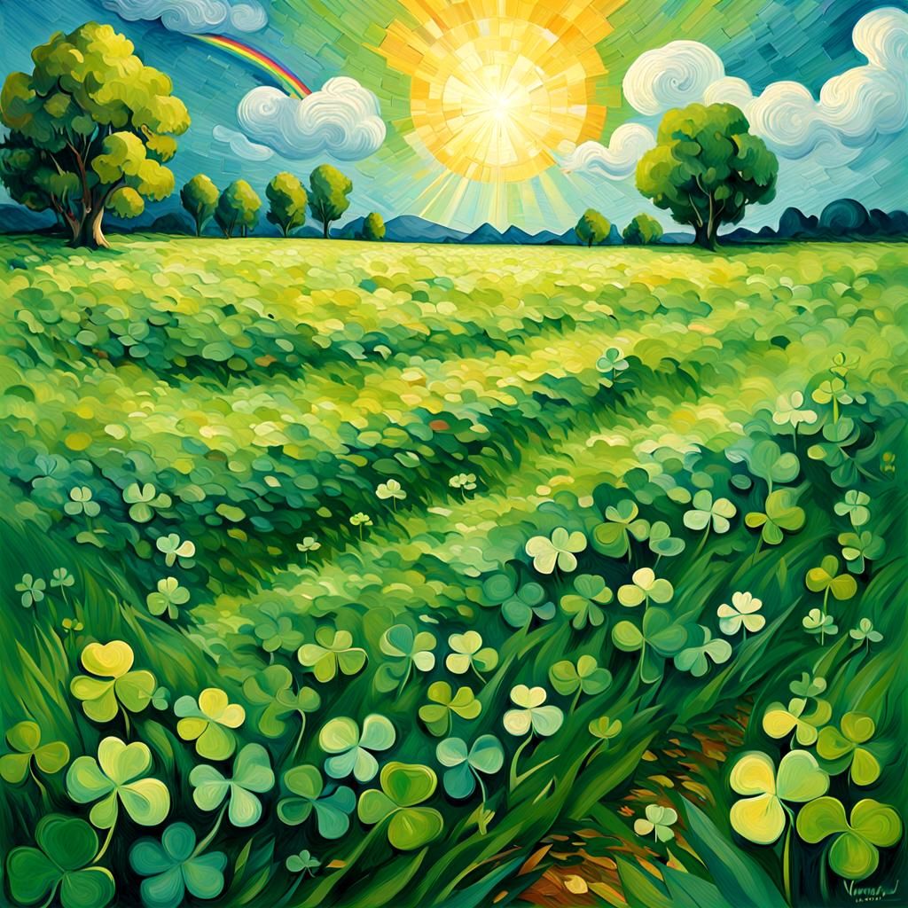A close-up of a lush green meadow, with a single four-leaf c...