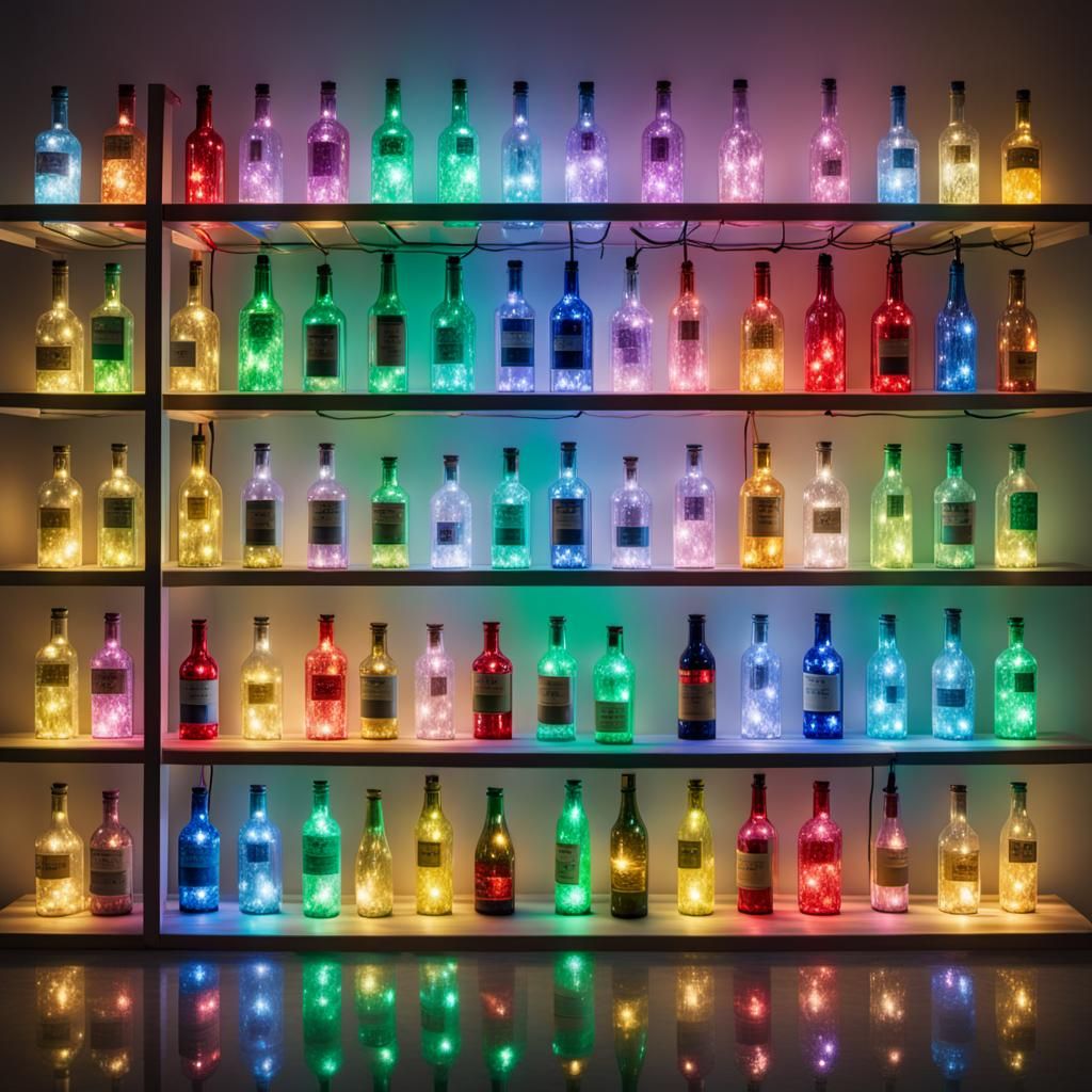 10 bottles with strings of lights in  a lot of colors in the...