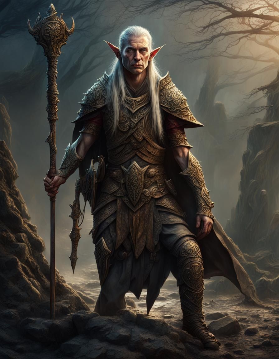 ancient elf warlord, horror image, heroic posture, ultra-det...