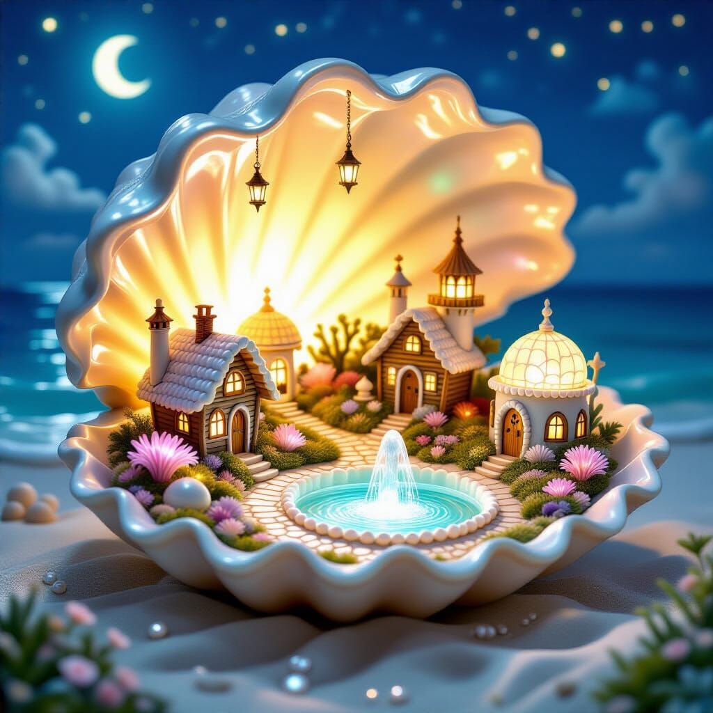 giant open seashell cradles a whimsical miniature town inside its glowing, pearlescent interior. Tiny ...  by @The Lantern Nymph