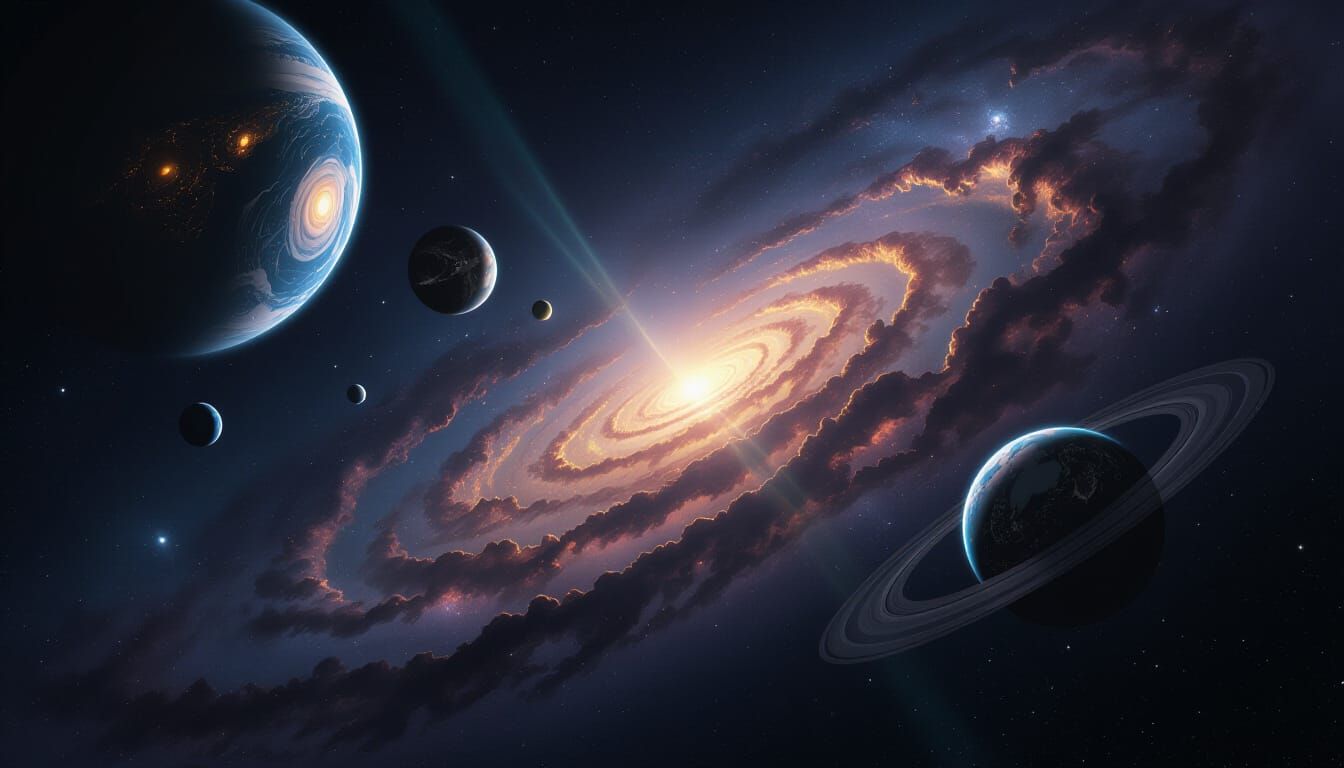 Hyper realistic image. Deep outer space galaxy with numerous planets. Do not use the Milky Way! One planet has three moons. One of the moons...