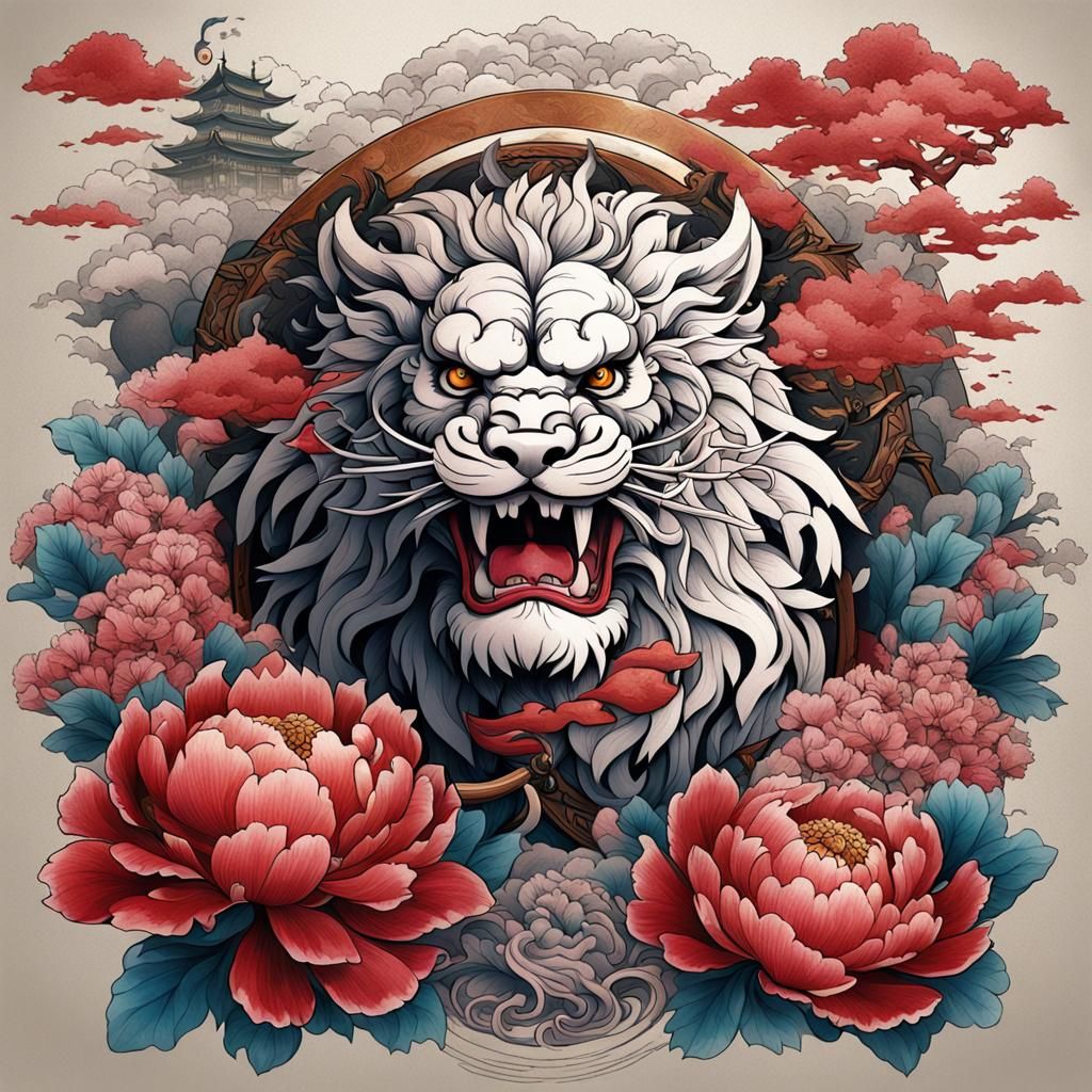 tattoo design of a peony flower paired with a guardian lion ...