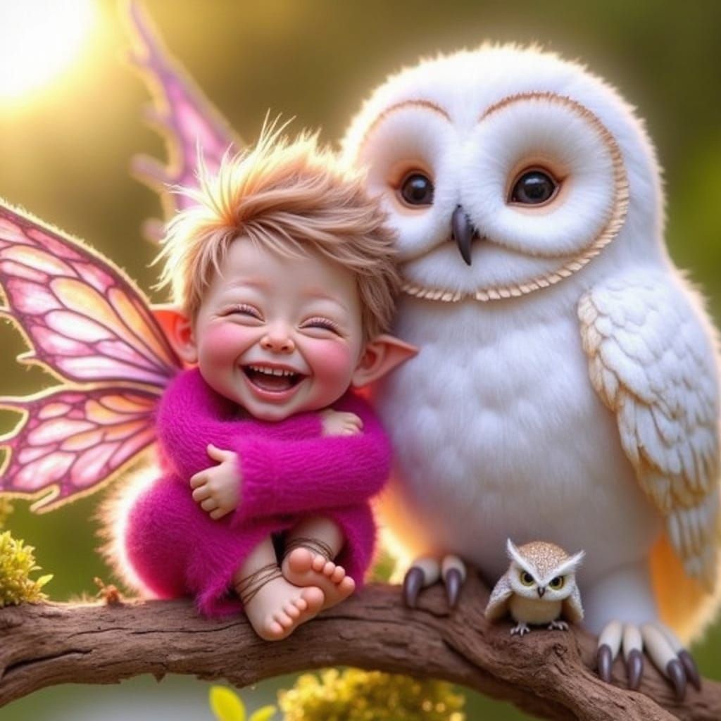 baby fuzzy headed fairy wearing a fuzzy hot pink sweater, she is sitting on a branch next to a large ...  by @Karrisa