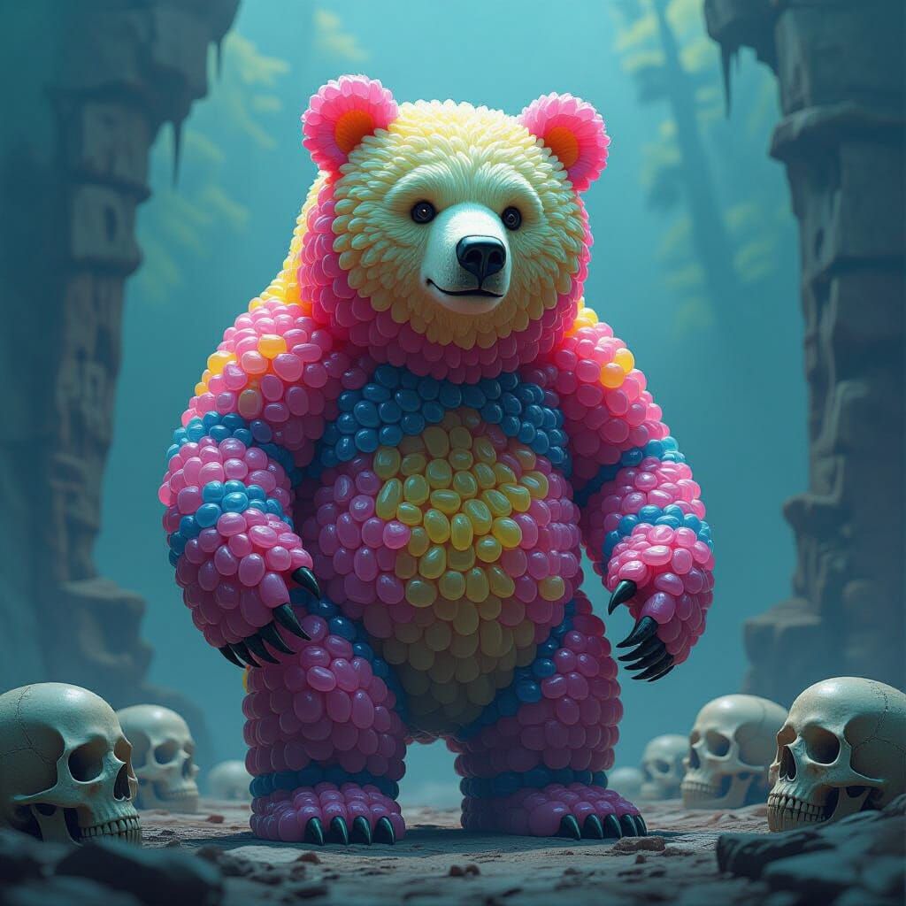 A grizzly bear made up entirely from colourful jelly beans standing against a backdrop of skulls  by @Davierob