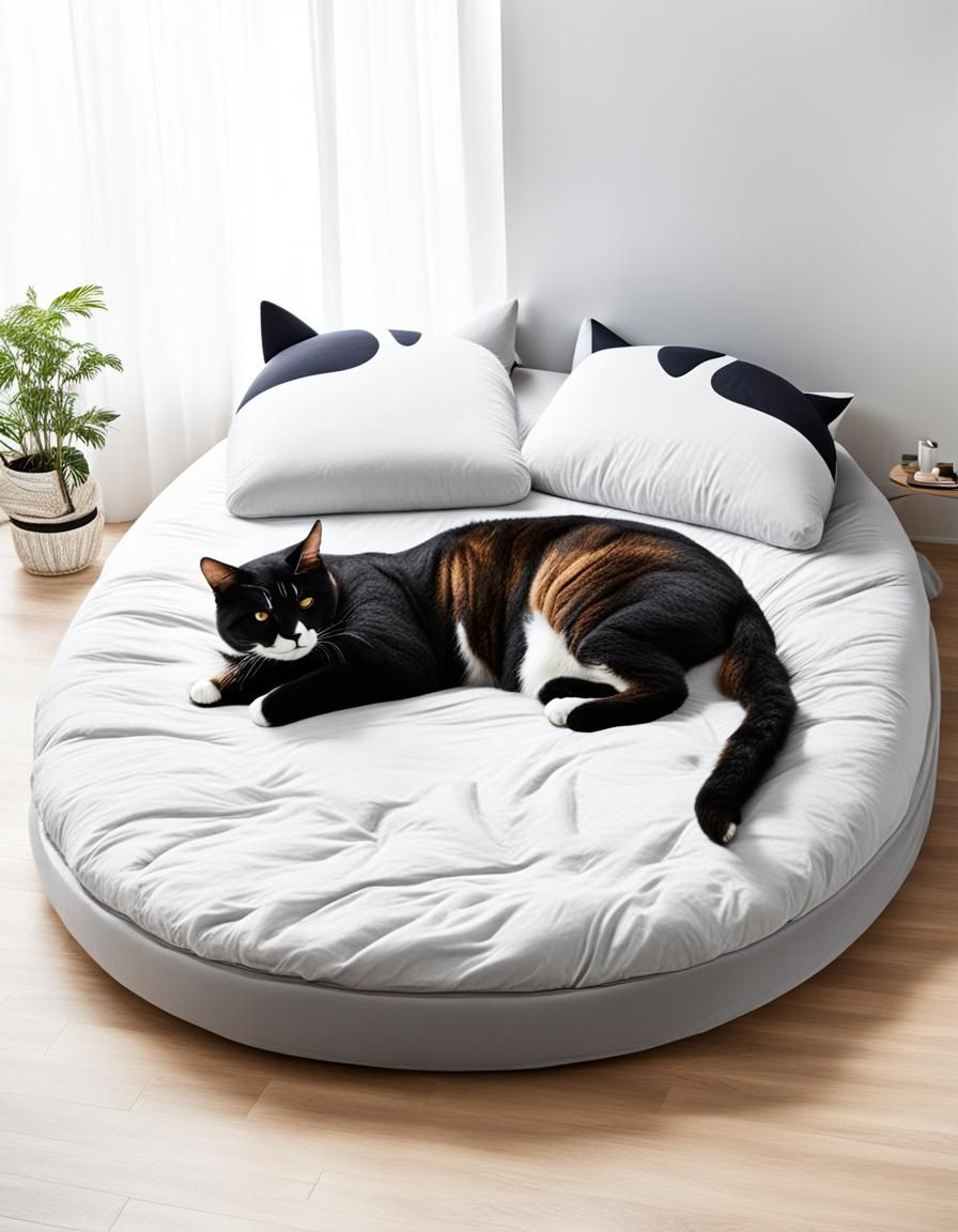 A large bed shaped like a cat that you can cuddle up in AI Generated