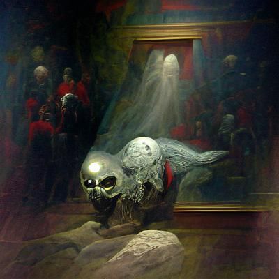 The silver skull with evil red eyes glowed in the museum aft...