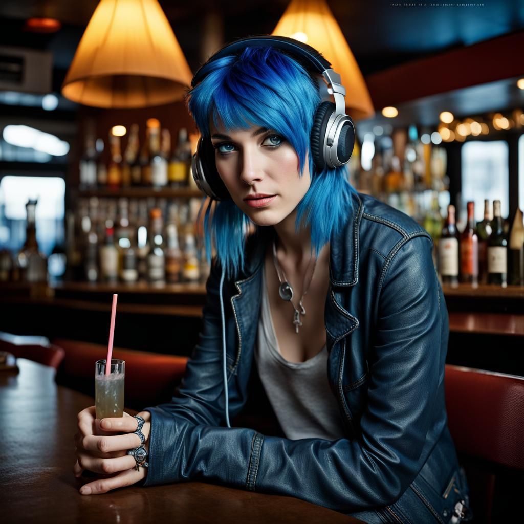Hot Emo Girl With Blue Hair Sitting In A Bar With Headphones Show Full Body With Cocktail Ai