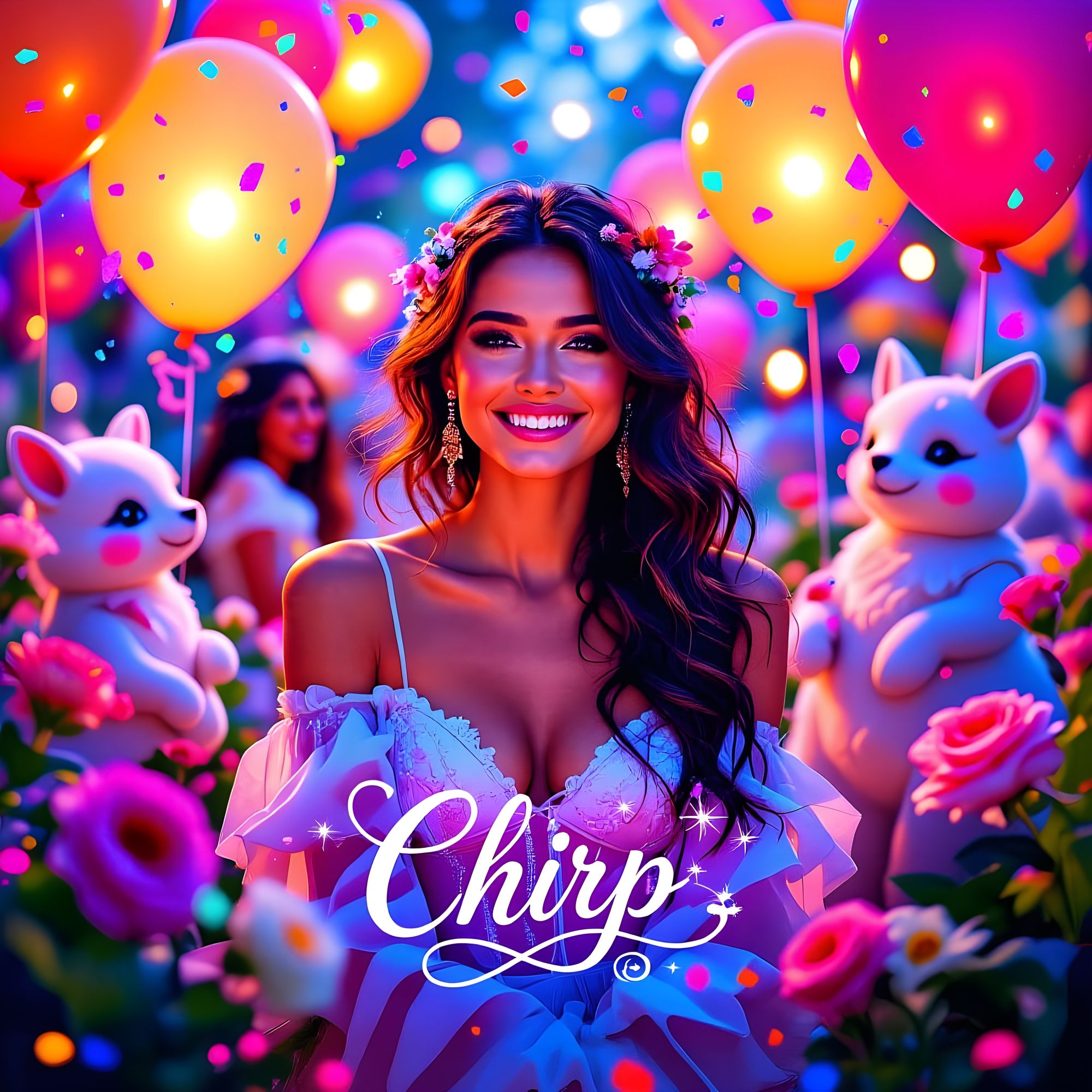 A magical, colorful and surreal birthday celebration scene, filled with joy and happiness. A dreamlike world of glowing balloons, sparkling ...