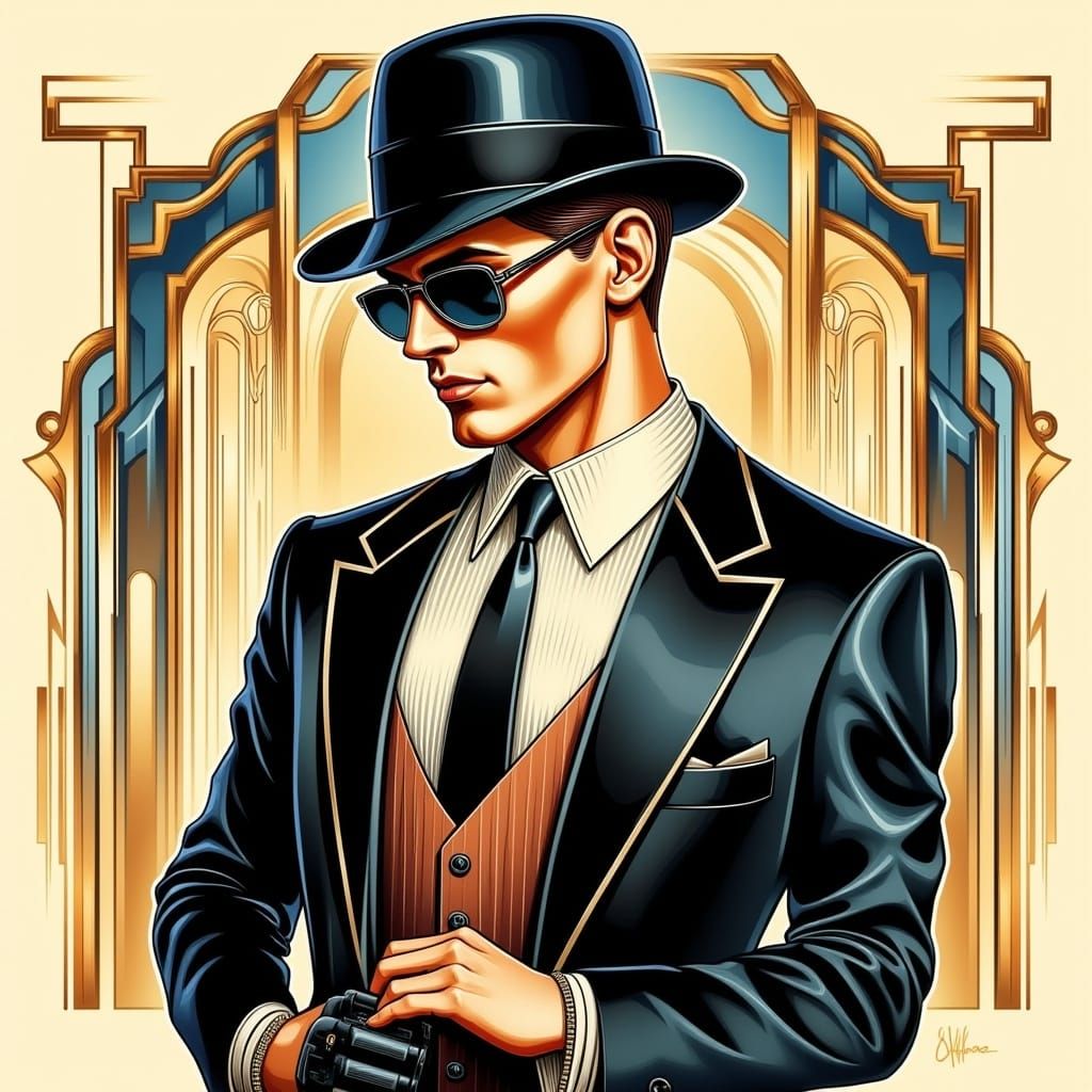  <lora:Art Deco Flux:1.0> watercolor, art deco gangster, art deco background 