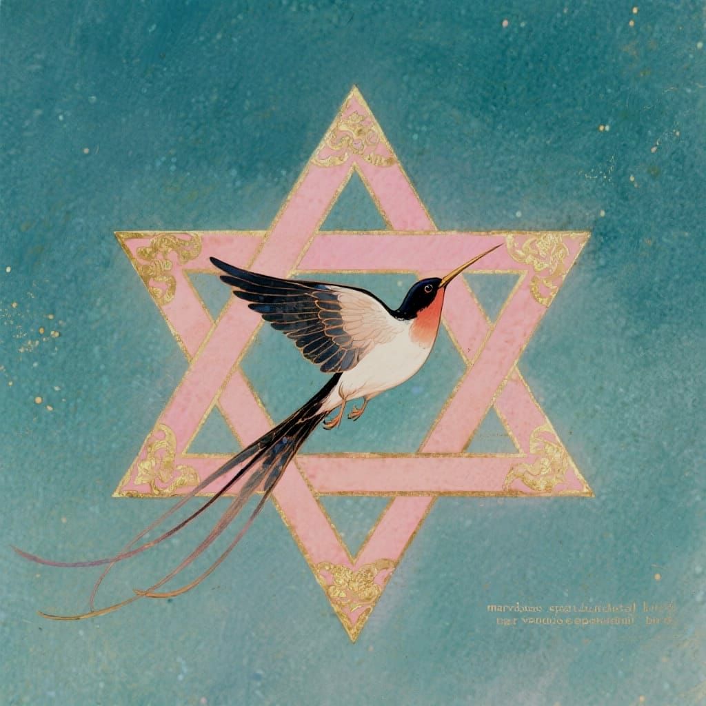 Spatuletail Bird Flying by Star of David in Anime Style