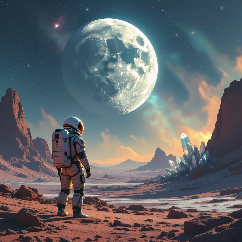 Astronaut on Alien Planet with Shattered Moon