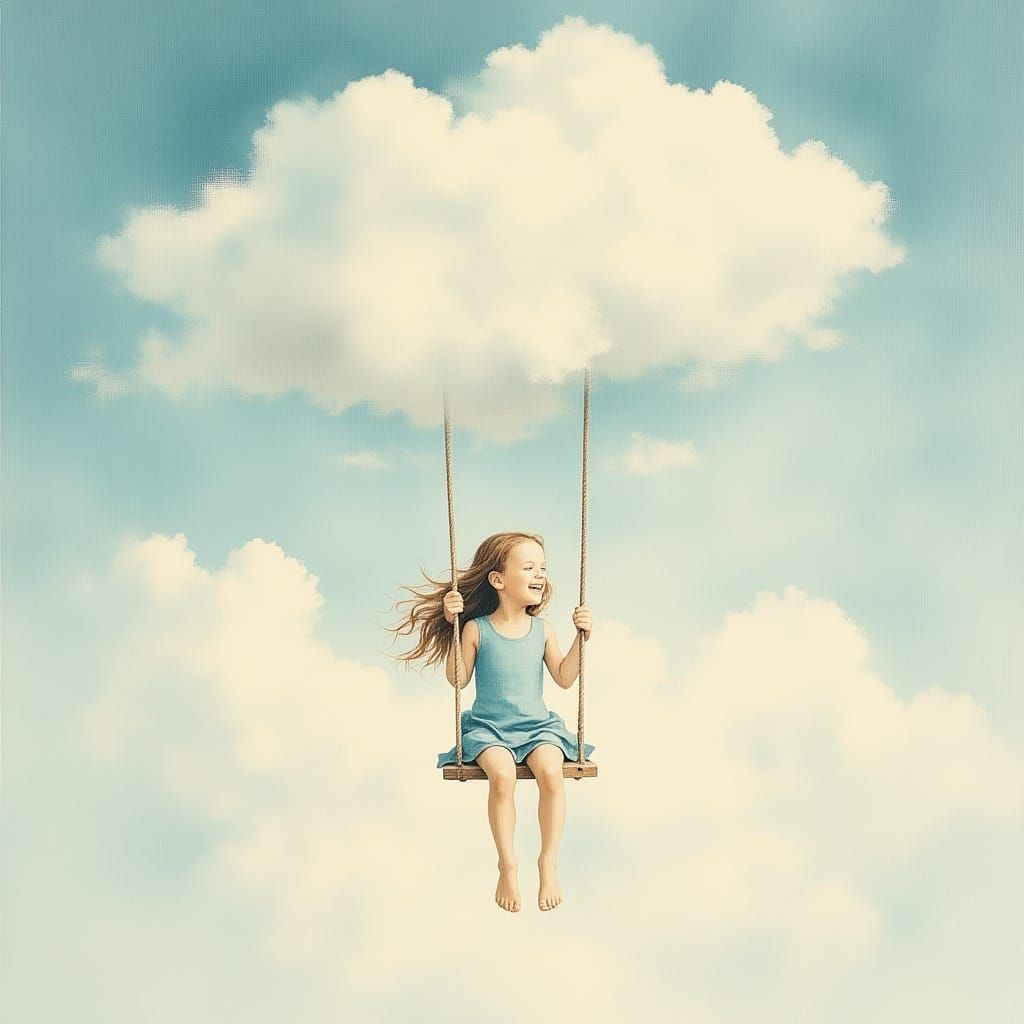 <lora:skyBlueDream:1.0> a smiling little girl swings on a swing attached to a cloud, surreal dream, perfect composition, movement