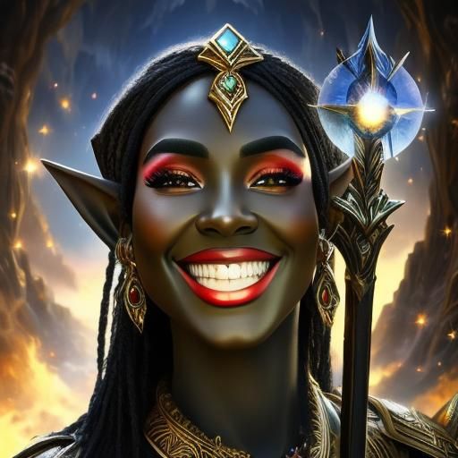 beautiful black elf holding a wizard mage staff, smiling, close portrait <lora:Black Skin:1.0> 