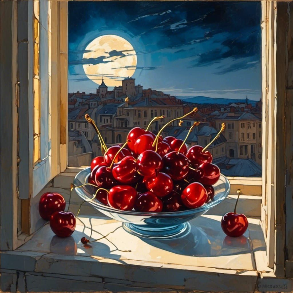 Beautifully glowing Glass Cherries back lit by Magical Slavic Castle windowsill waning moon, by Michelangelo. <lora:di Michelangelo:1.0> 