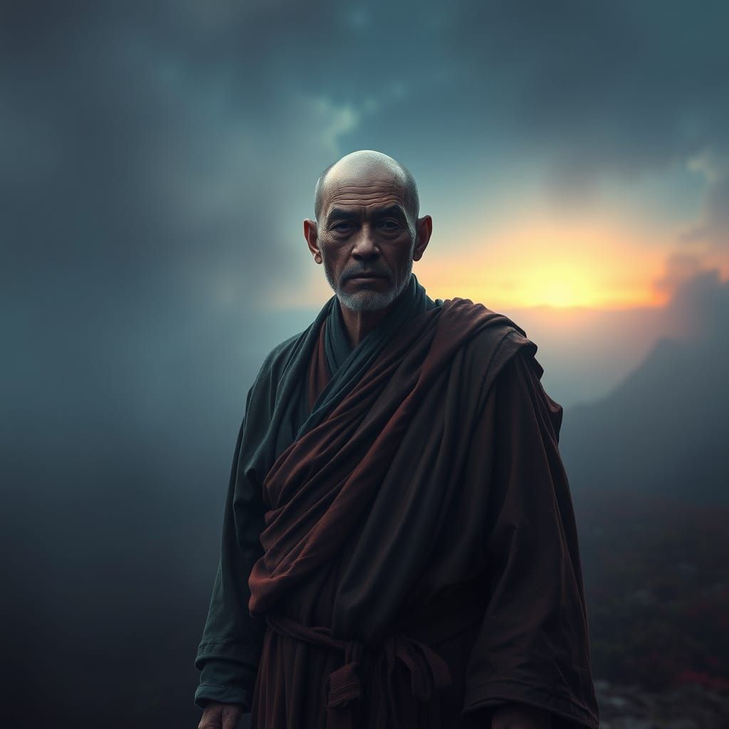 Monk Resolute in a Vibrant, Otherworldly Realm