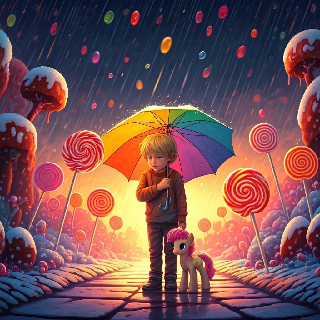 Whimsical Childhood Wonder in a Sugar Candy Rainstorm