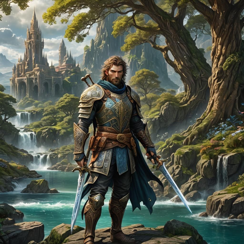 Celtic Warrior in Fantasy Waterscape, Digital Art