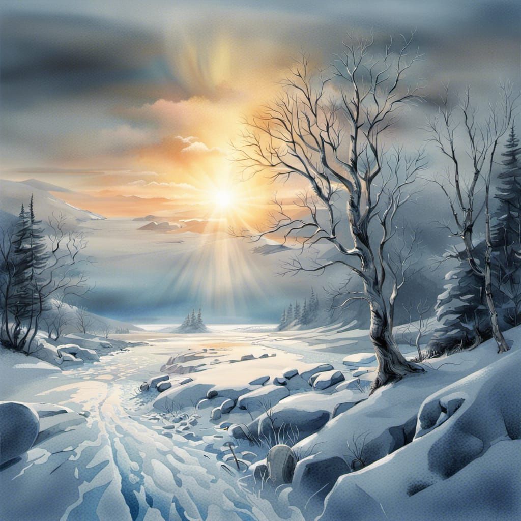 photo realistic, watercolour painting, icy snowy landscape, ...