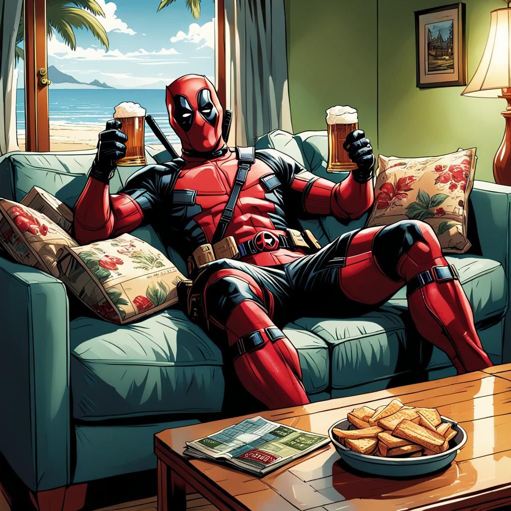 Deadpool on Vacation, Enjoing a Beer on his Couch - AI Generated ...