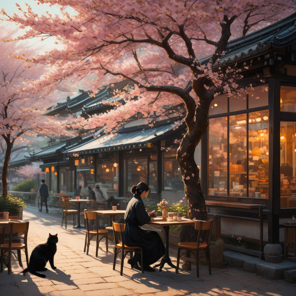 Vibrant Sakura Cafe Scene with Golden Light
