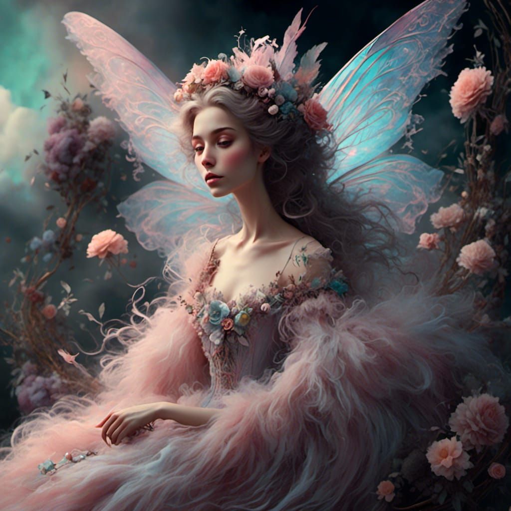 <lora:Victorian Watercolor:1.0> fairy Impossibly beautiful with Smokey wispy hair softly disappating by Amy Brown and Anna dittman and Amand...