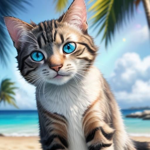 Hyperrealistic Cat Enjoying Beach with Colorful Accessories