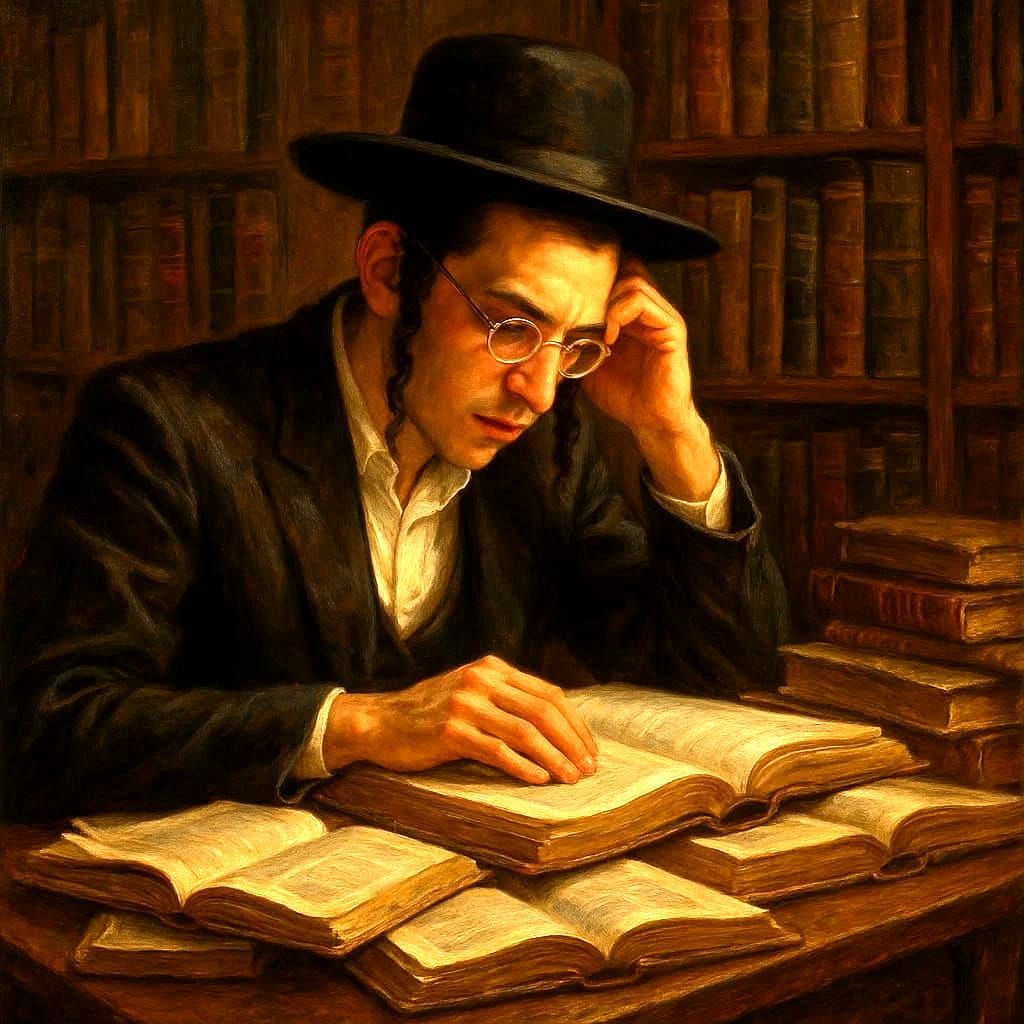 ציור שמן של בחור חסידי לומד