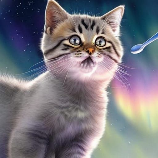 Kitten Brushing Teeth in Watercolor Astral Aurora