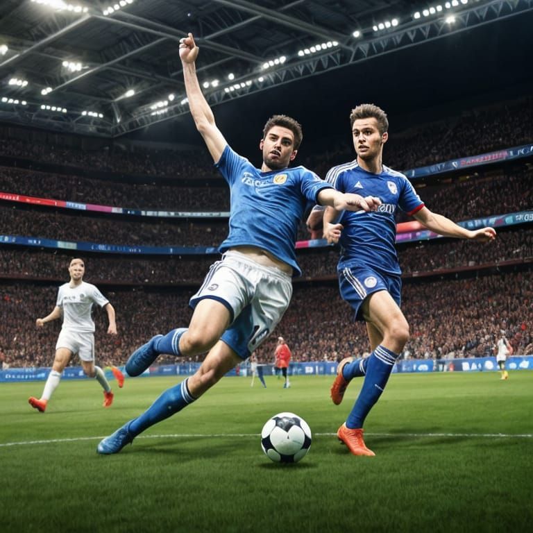 Exciting Soccer game, intricate detail, hyper real, high resolution, high definition 