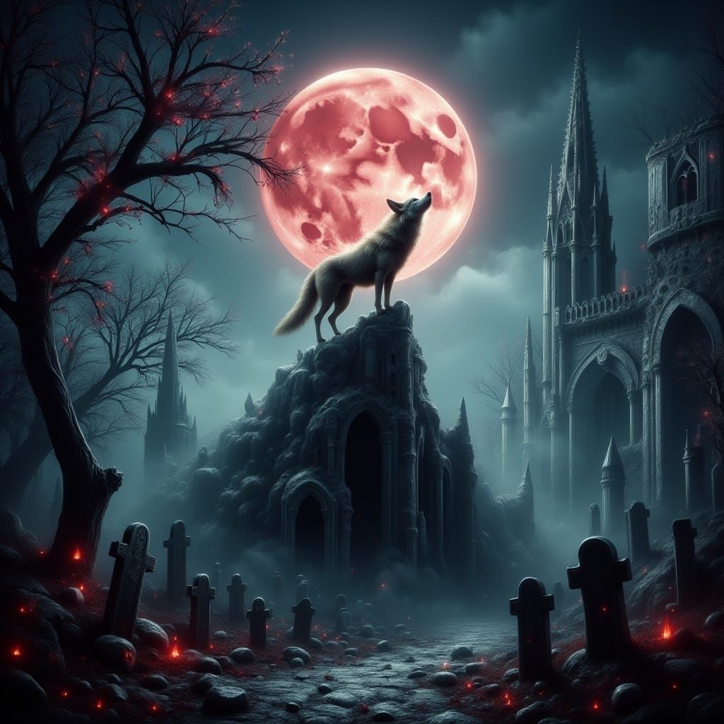 <lora:Dreamy Enchantment:1.0> A lone wolf stands howling atop a gothic cathedral, illuminated by the ...  by @Kopeheki