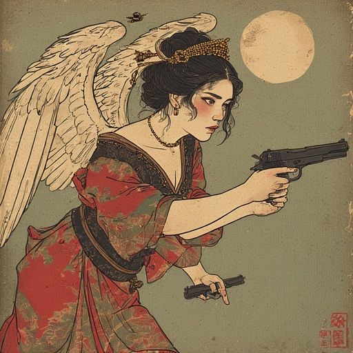 GOTHIC FEMALE ANGEL HOLDING TWO BERETTA PISTOLS IN A SHOOTOU...
