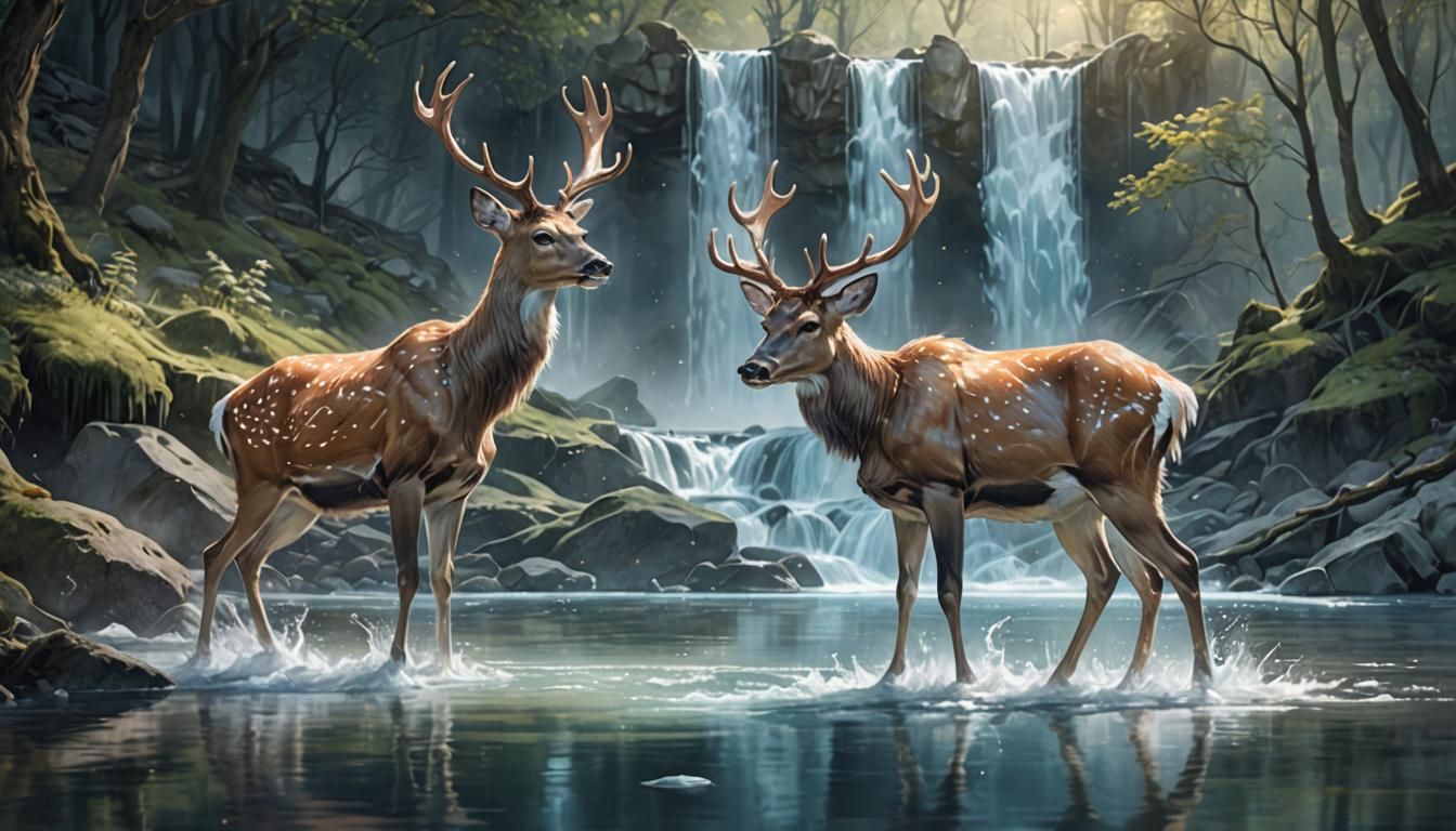 Ethereal Deer in Misty Forest: Fantasy Concept Art