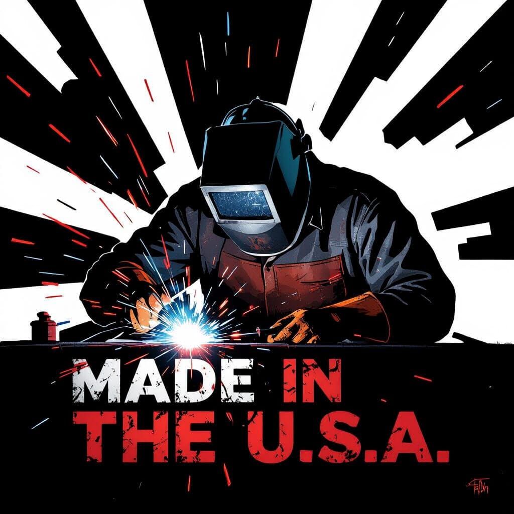 Black background with a welder with his shield down welding with red, white and blue sparks flying about and text below sating MADE IN THE U...