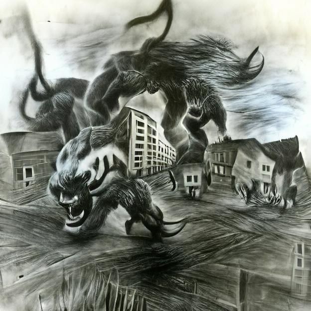 A charcoal drawing of a fearsome beast attacking a town.